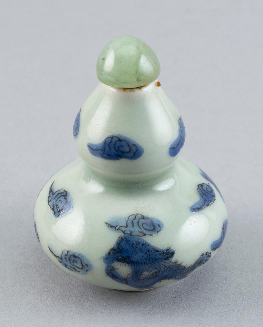 Appraisal: CHINESE BLUE-ON-CELADON PORCELAIN SNUFF BOTTLE EARLY TH CENTURY HEIGHT CHINESE