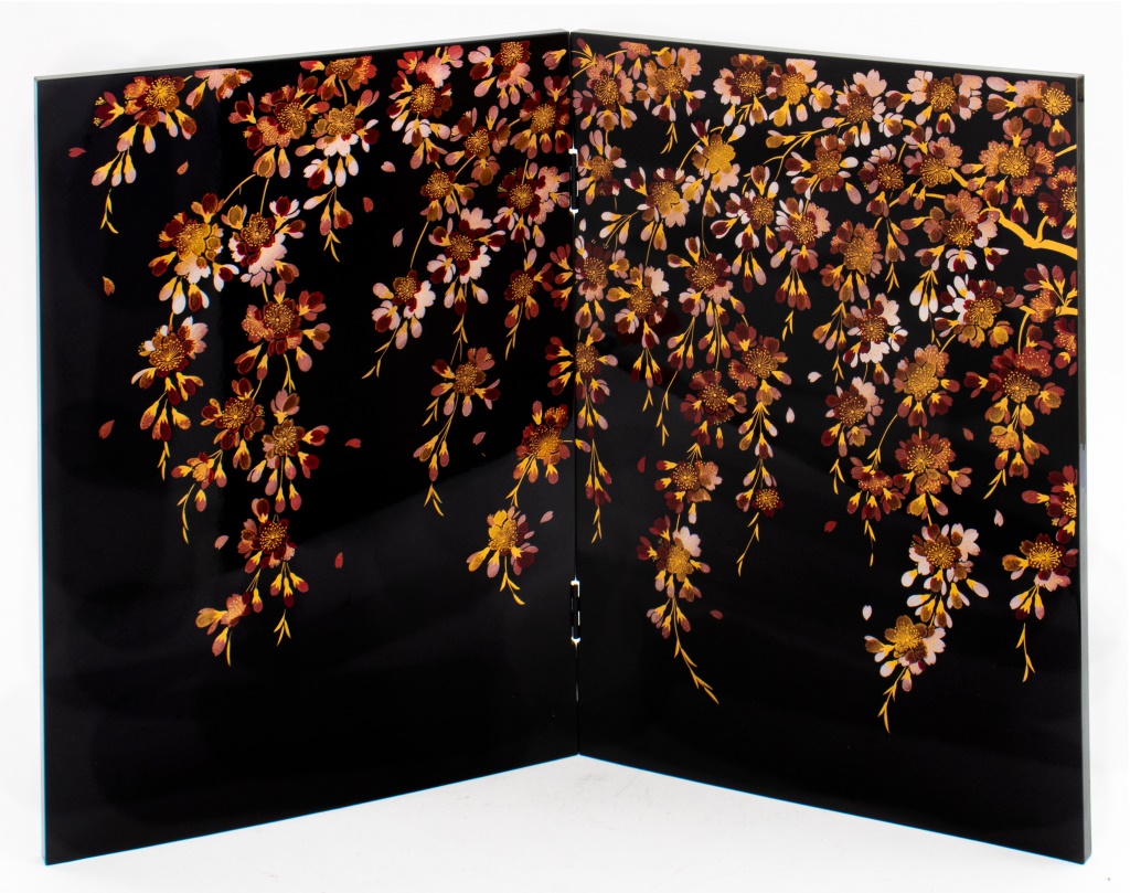 Appraisal: JAPANESE CHERRY BLOSSOM TABLE FOLDING SCREEN Japanese lacquered table folding