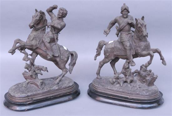 Appraisal: PAIR OF SPELTER STATUES th C after Costou riders on