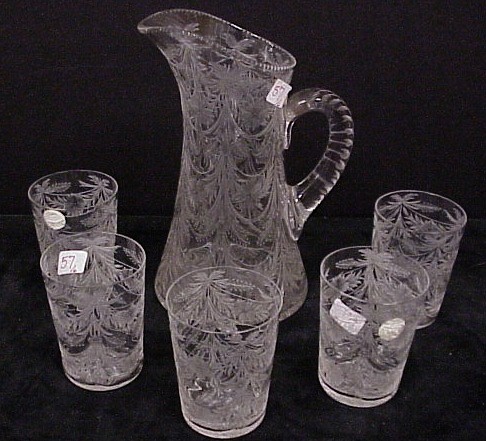 Appraisal: Early th C Libbey engraved glass swag and floral pitcher