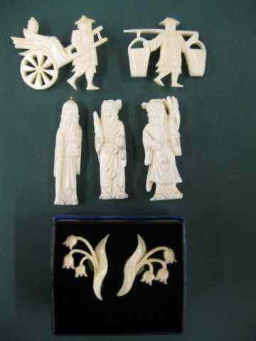 Appraisal: pc Ivory Jewelry Lot includes earrings pins and figural pendant