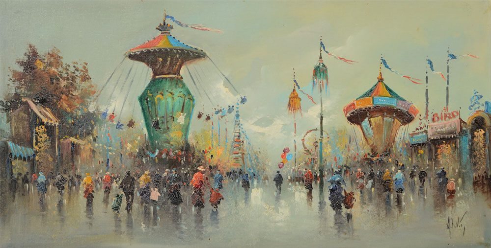 Appraisal: DEVITY Antonio Italian - Parisian Street Carnival scene Oil Board