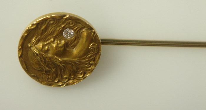 Appraisal: K YG art nouveau stickpin art nouveau ladies head with