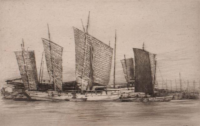 Appraisal: MORTIMER MENPES - Chinese junks in calm waters etching numbered