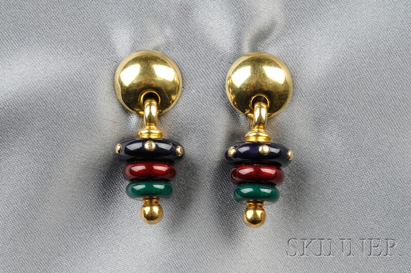 Appraisal: kt Gold and Enamel Earpendants La Nouvelle Bague each domed