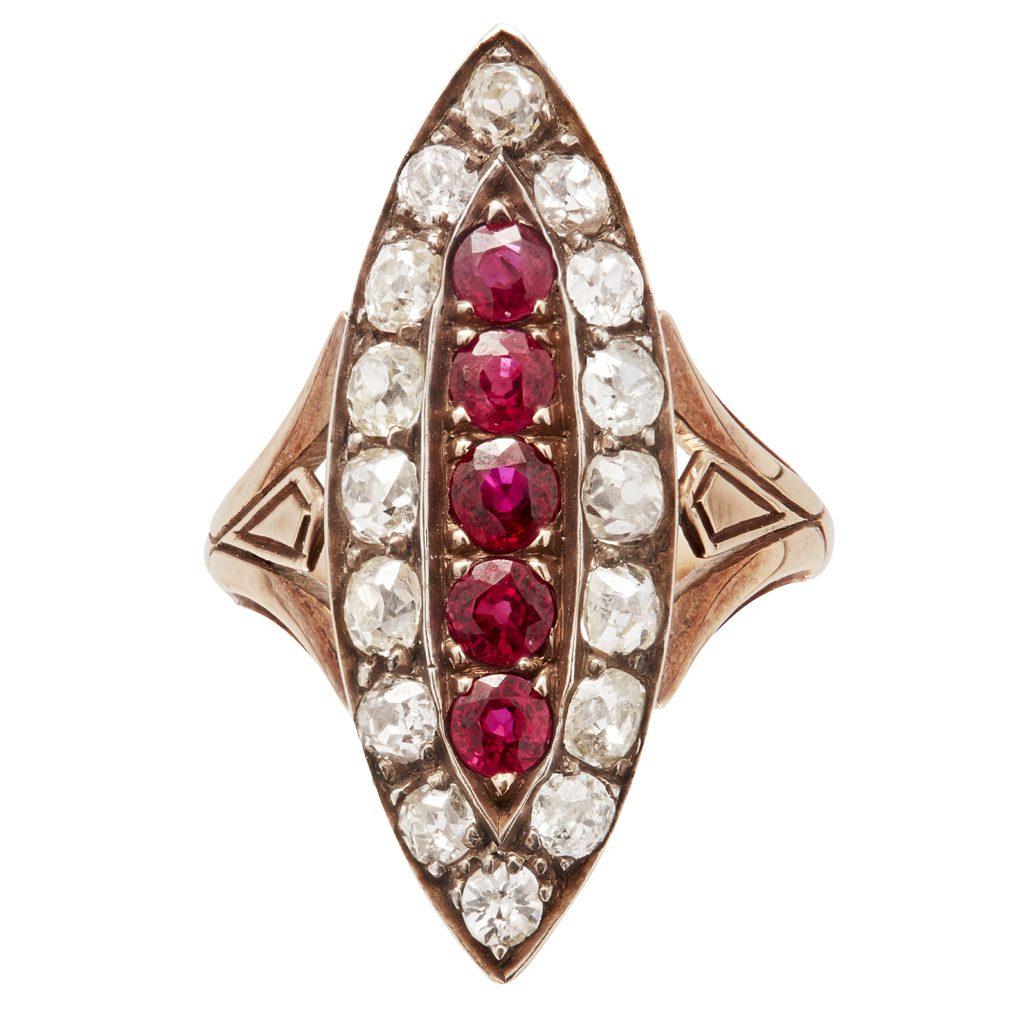 Appraisal: A ruby and diamond set ring of navette outline claw