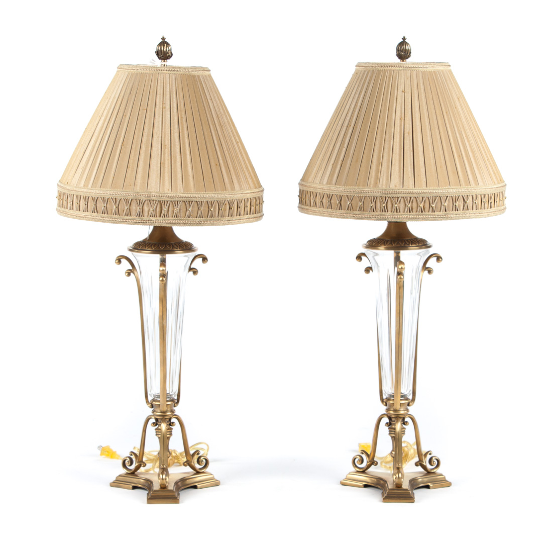 Appraisal: Pair of Neoclassical style glass and brass lamps molded crystal