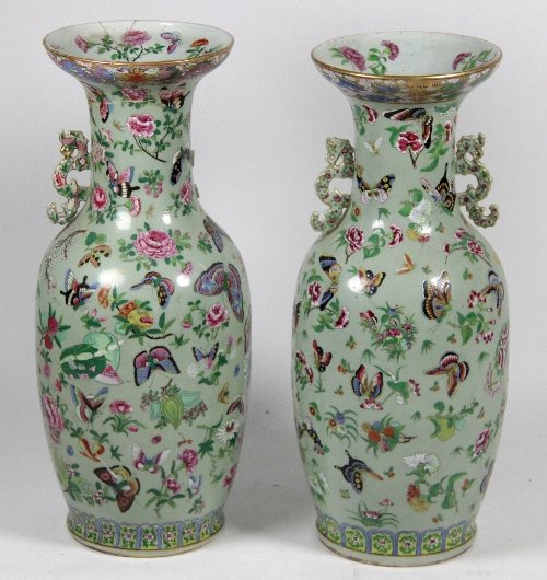 Appraisal: A pair of Chinese famille rose celadon vases circa decorated