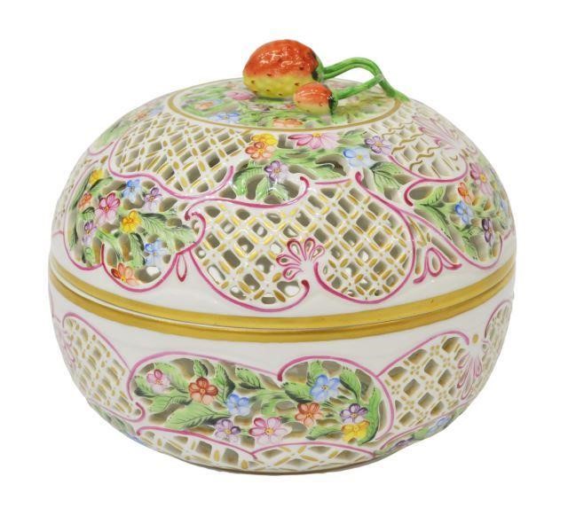 Appraisal: Large Herend hand-painted porcelain reticulated candy box with strawberry finial