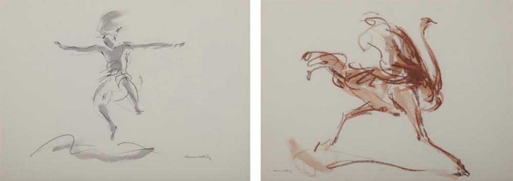 Appraisal: JONATHAN KENWORTHY English b Ostrich and Jumping Figure crayon and