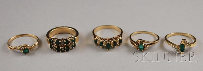 Appraisal: Five Gold Diamond and Green Gemstone Rings