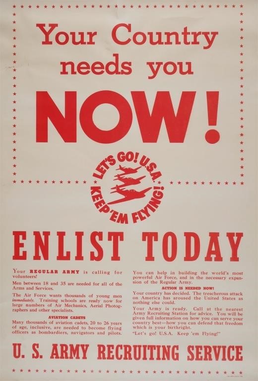 Appraisal: Vacancies Exist Enlist Now Army enlistment poster circa s Graphics