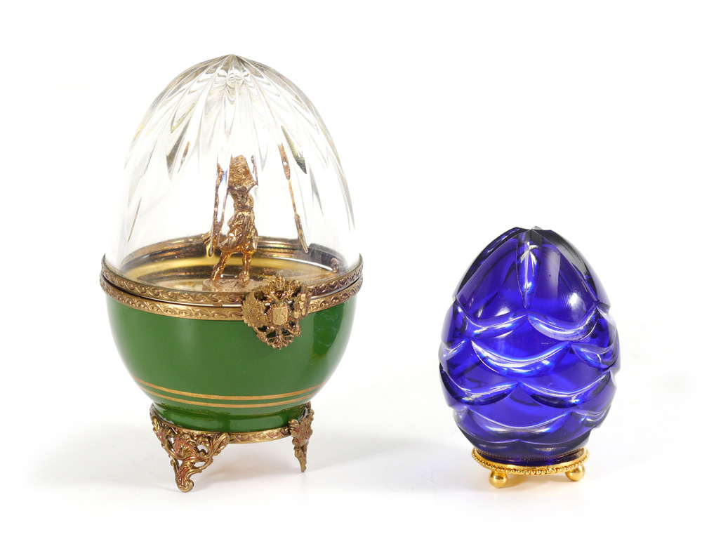 Appraisal: SMALL COBALT FABERGE CRYSTAL EGG IN BOX AND TROPHY pieces