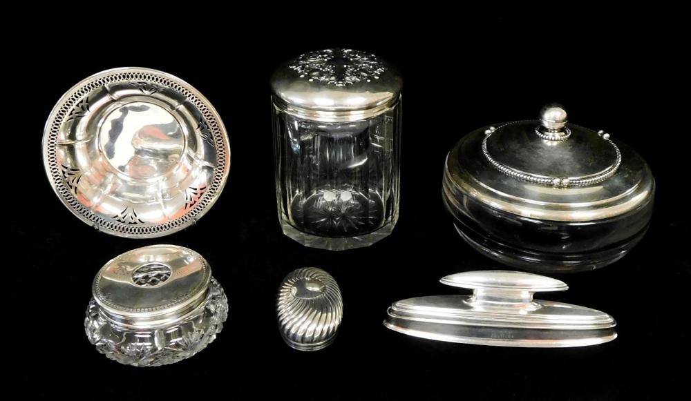 Appraisal: STERLING Five pieces of sterling and cut-glass vanity items American