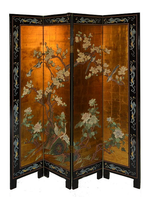 Appraisal: A CHINESE CORAMANDEL STYLE FOUR FOLD DRAUGHT SCREEN one side