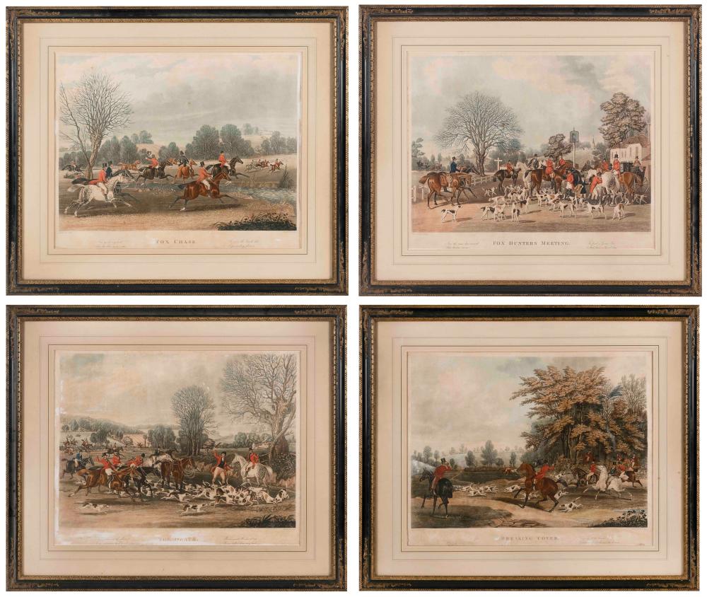 Appraisal: FOUR ENGLISH HAND-COLORED ENGRAVINGS DEPICTING A FOX HUNT X SIGHT