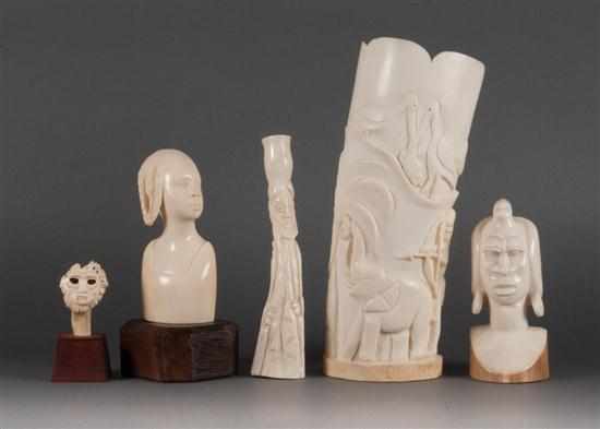 Appraisal: Three African carved ivory figures and two similar African carved