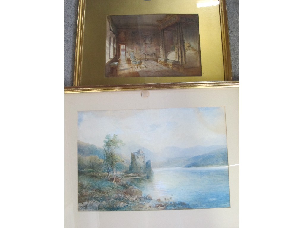 Appraisal: Watercolour of a castle by a loch indistinctly inscribed plus