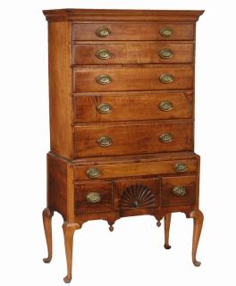 Appraisal: NEW HAMPSHIRE HIGHBOY Tiger Maple Flat Top Two-Part Highboy with