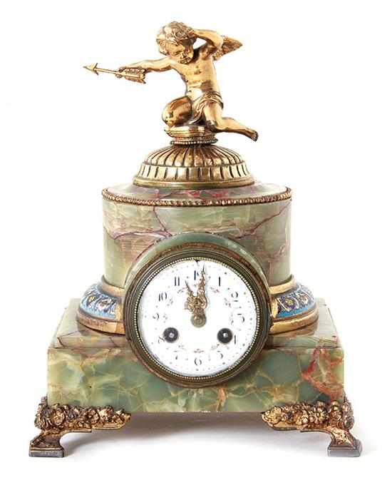 Appraisal: French champleve and onyx mantel clock late th century gilt