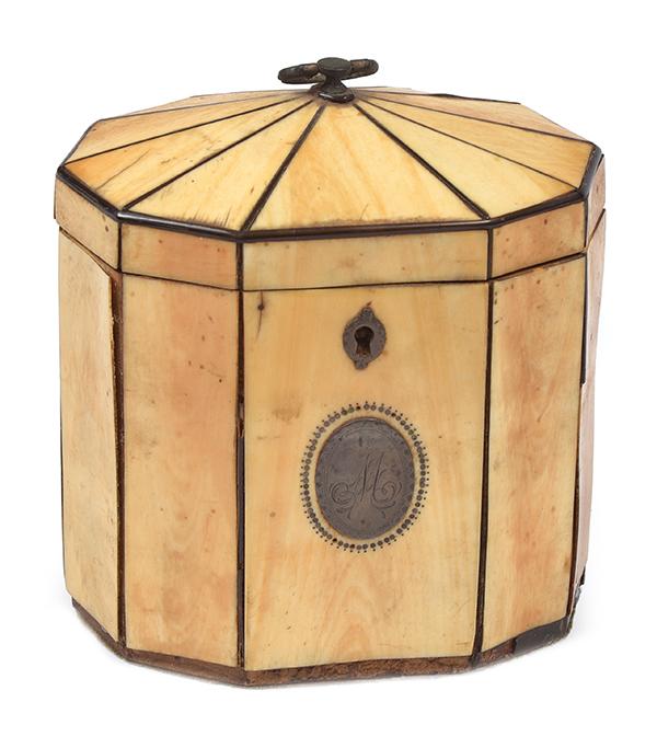 Appraisal: A DECAHEDRON IVORY VENEER AND BRASS TEA CADDY the panelled