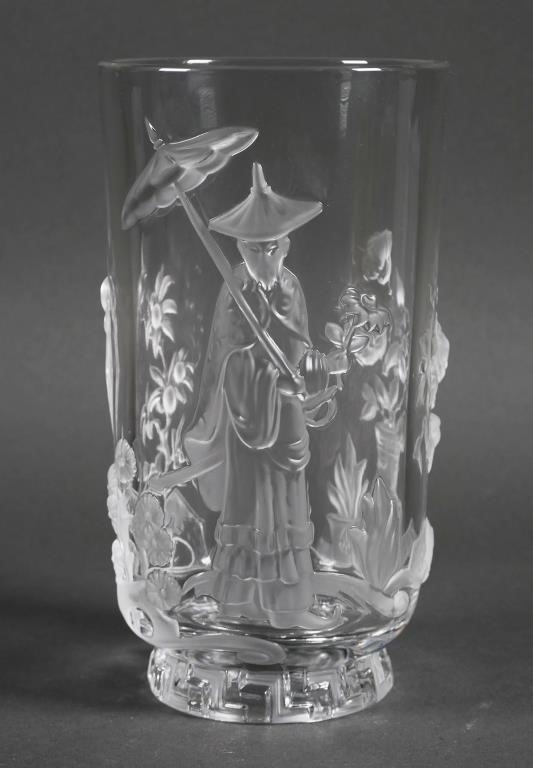 Appraisal: Vintage Verlys glass vase featuring a frosted and raised Mandarin