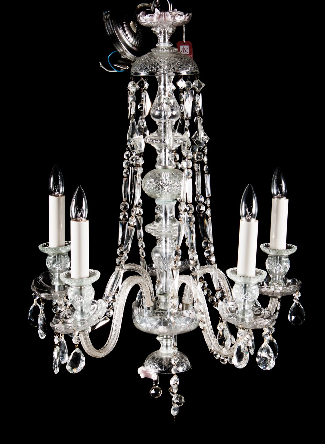 Appraisal: Anglo-Irish crystal five-light chandelier with hanging prisms approx in L