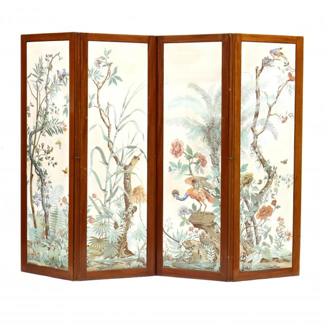 Appraisal: VINTAGE CONTINENTAL FOUR PANEL FLOOR SCREEN Circa mahogany with wallpaper