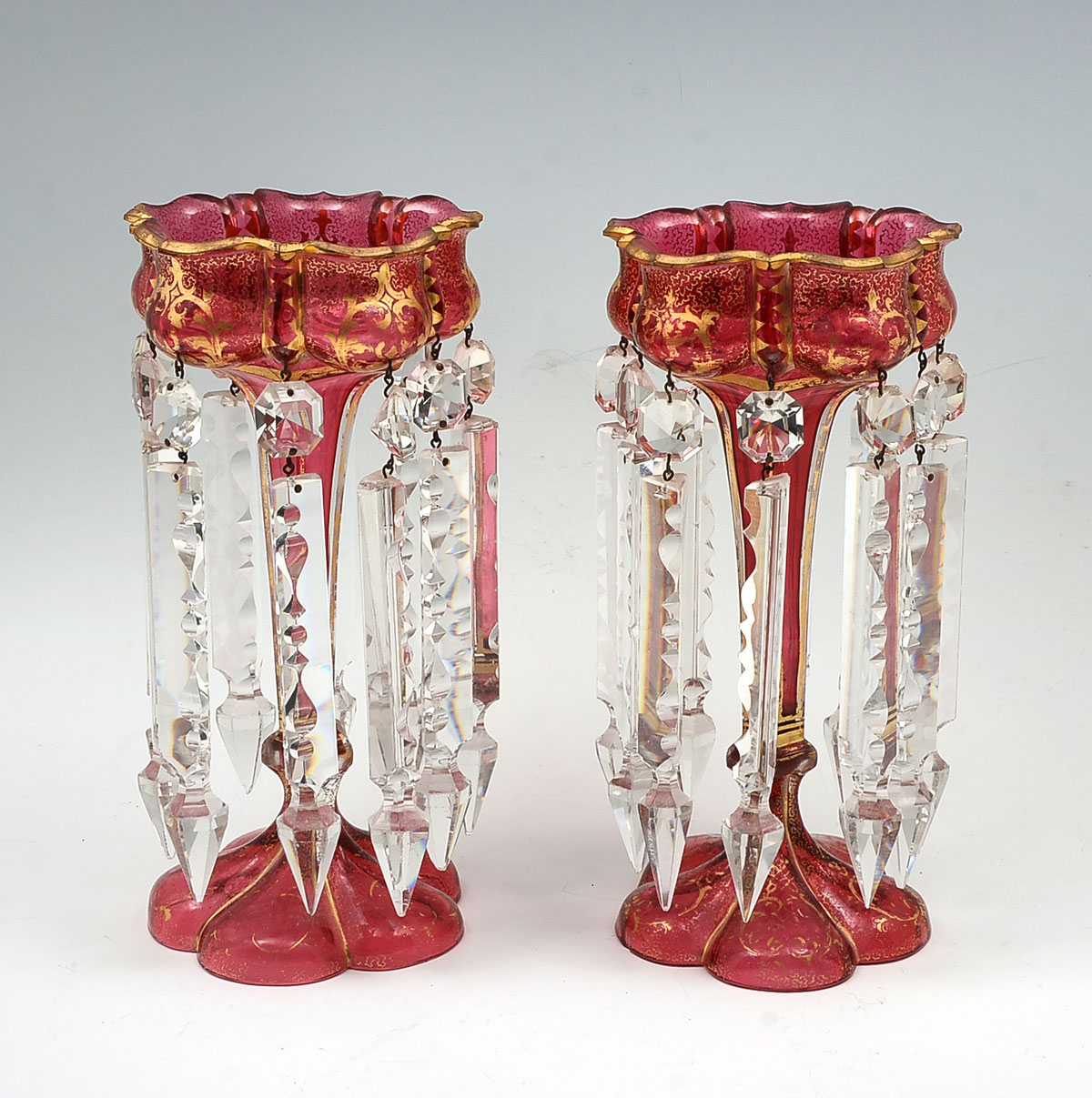 Appraisal: PAIR OF MOSER CRANBERRY LUSTRES Pair of th Cranberry glass