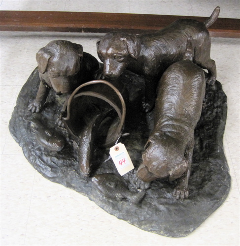 Appraisal: BRONZE SCULPTURE three puppies and a pail of fish anonymous