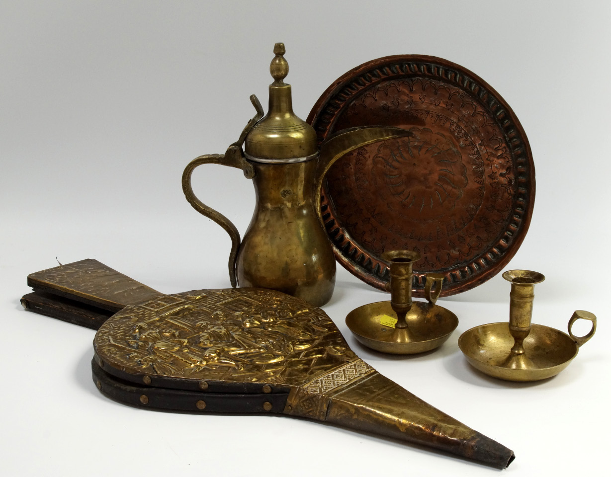 Appraisal: Brass breweriana ornaments including candlesticks bellows plates etc contents of