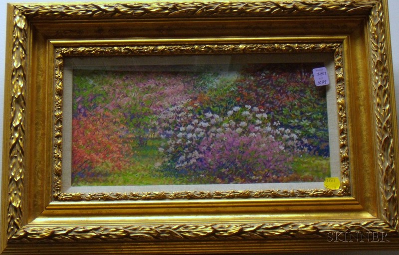 Appraisal: Framed Oil Stick on Sandpaper Work Depicting Flowering Bushes signed