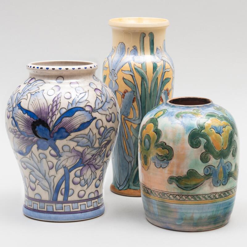 Appraisal: Group of Three English Aesthetic Pottery Vases Comprising A Burslem