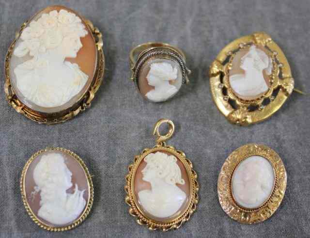 Appraisal: Cameo Lot Includes Brooches Pendant and aRing All cameos depict