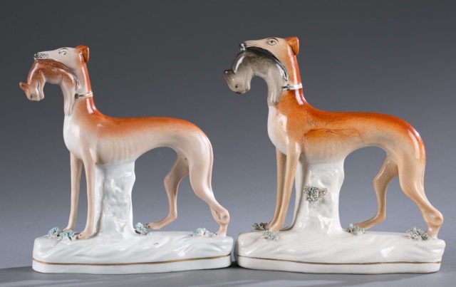 Appraisal: Pair of Early Staffordshire Dogs Overall good condition on both