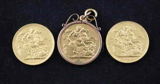 Appraisal: Three gold sovereigns and one with pendant mount Estimate -