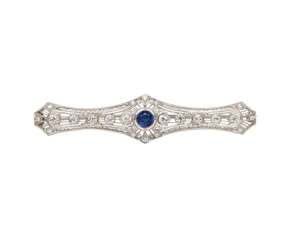 Appraisal: Platinum Synthetic Sapphire and Diamond Bar Brooch the open-work bar