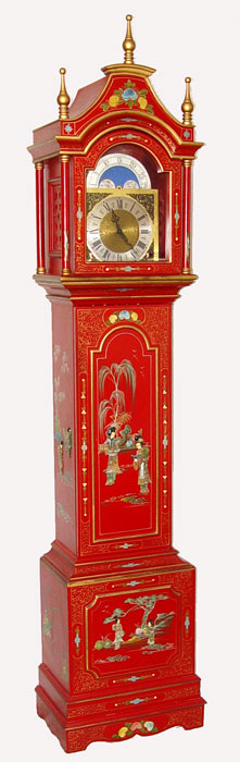 Appraisal: RED CHINOISERIE GRANDFATHER CLOCK Decorated with Japanese motif chinoiserie and