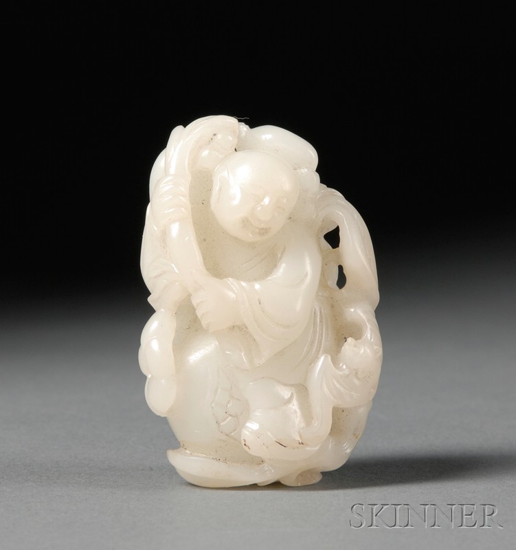 Appraisal: White Jade Carving China th century boy with a bough