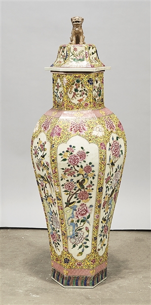 Appraisal: Tall Chinese enameled porcelain hexagonal covered vase with bird and