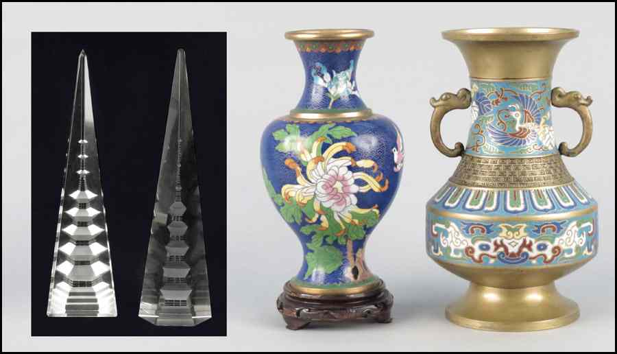 Appraisal: PAIR OF CRYSTAL OBELISKS DEPICTING PAGODAS Together with a cloisonne