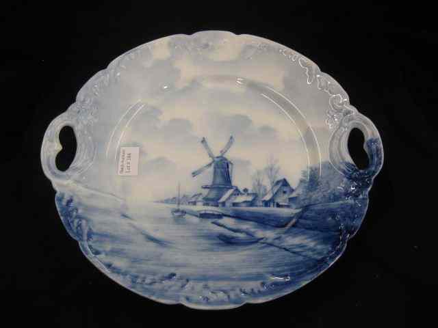 Appraisal: Rosenthal Porcelain Delft Cake Plate handpainted canalway windmill scene handled