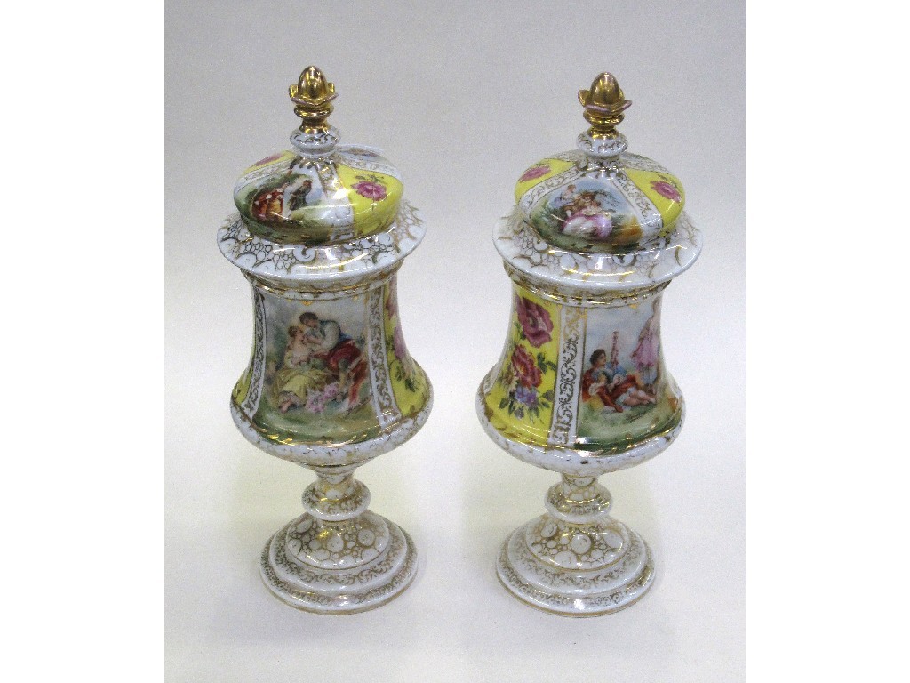 Appraisal: Pair of Continental porcelain transfer printed urns and cover def