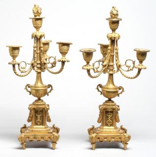 Appraisal: Pair French Neoclassical Gilt Bronze Candelabra With three arms extending