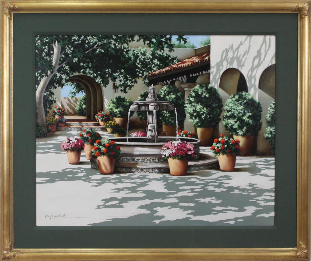 Appraisal: CHERYL ENGLISH Arizona b oil on canvas hacienda courtyard with