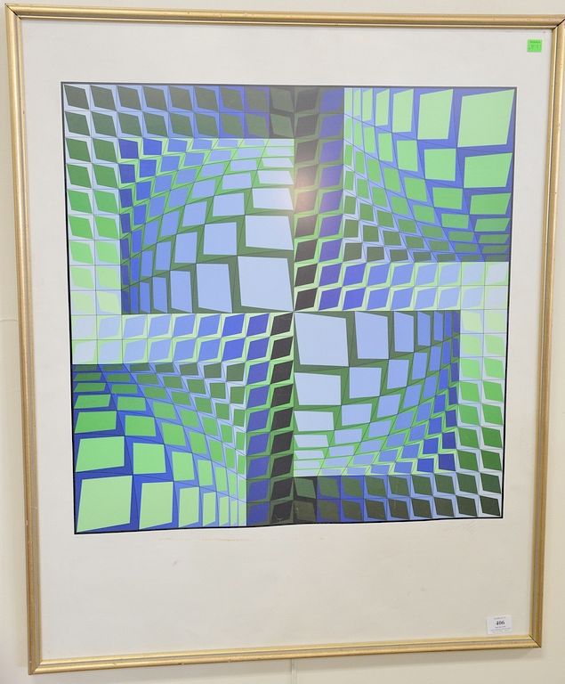 Appraisal: Victor Vasarely - color silk screen blue and green squares