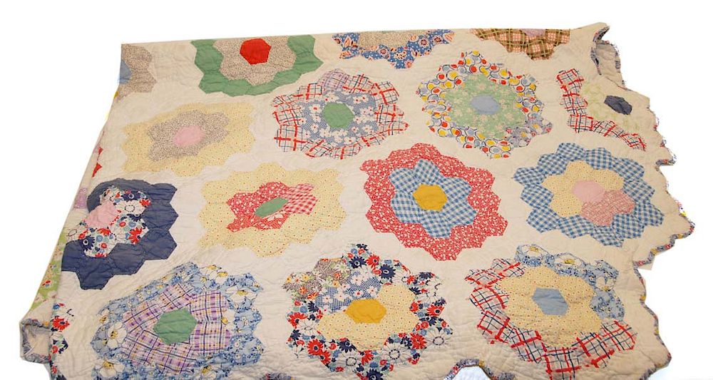 Appraisal: Antique Hand Stitched Grandmothers Garden Quilt Antique Hand Stitched Grandmothers