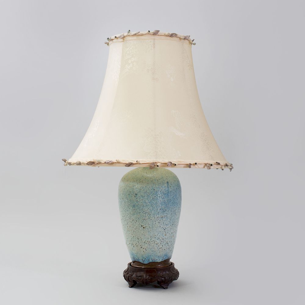 Appraisal: Chinese Pale Blue Speckled Glazed Porcelain Baluster-Shaped Lamp on Stand