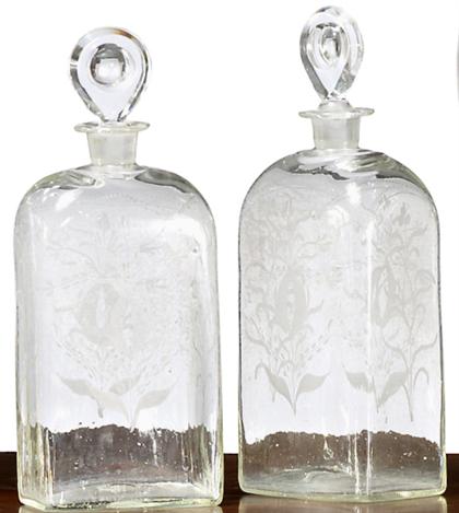 Appraisal: Pair of etched uncolored glass decanters early th century