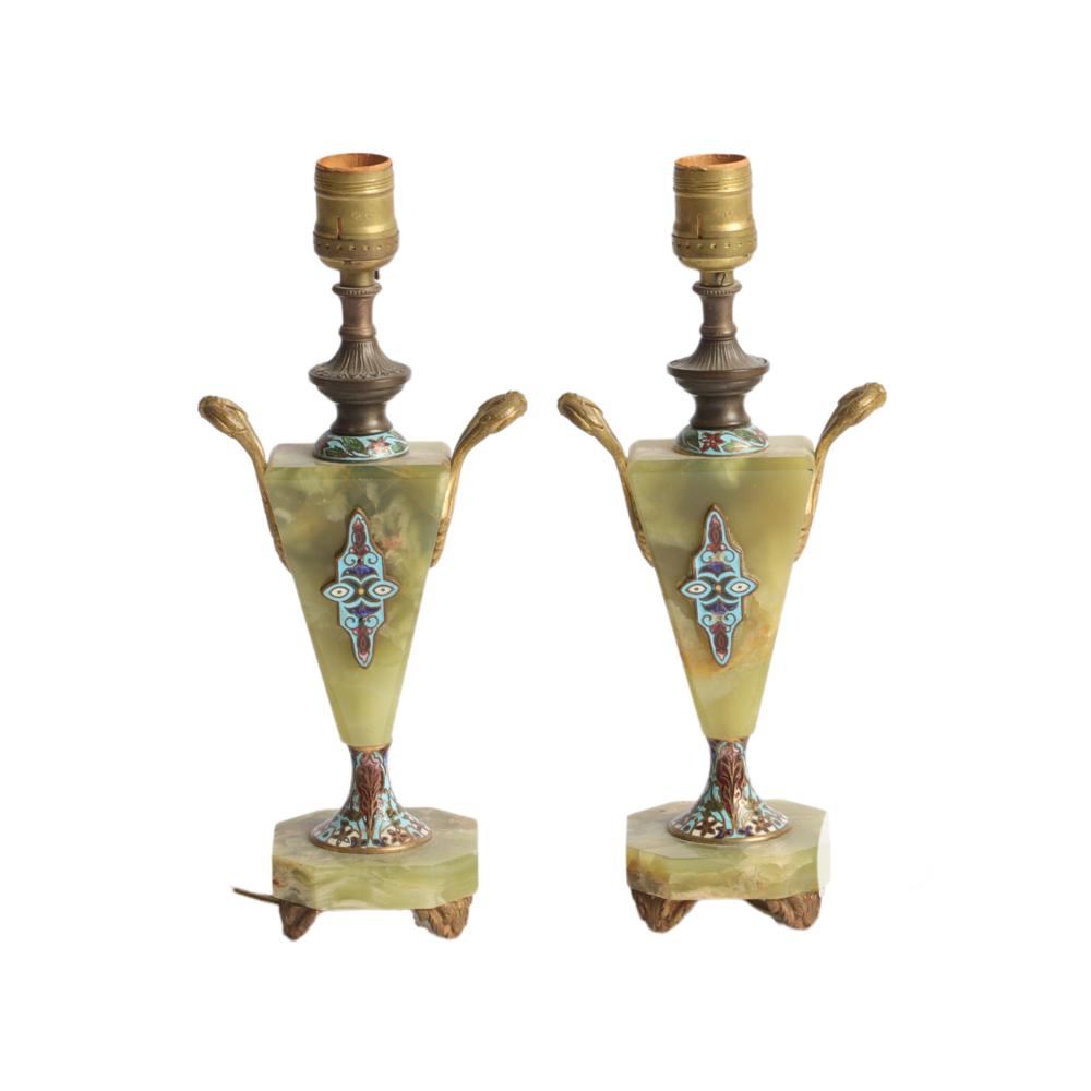 Appraisal: PAIR GREEN ONYX FRENCH CHAMPLEVE ENAMEL BOUDOIR LAMPS 'H TO